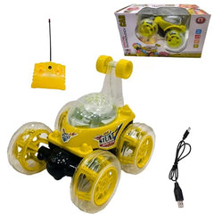 TOYS 4 FANTASY Rechargeable Remote Control Stunt Car | 5-Function Big Stunt Car Toy – 360° Rotating & Rolling, USB Cable & Remote Controller with Lithium Battery– (Multi Color) (Yellow)