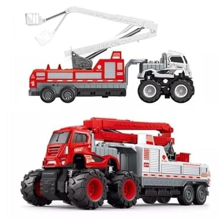 WHITE BIRD Friction Powered Fire Rescue Transport Truck Toy for Kids Boys Die cast Alloy Fire Fighter Truck with Rotating Ladder Crane Toys Pull Back Miniature Vehicle Gift (Multicolor)