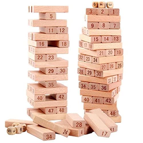 PRIME DEALS Wooden Blocks 51 Pcs 4 Dice Building Blocks Game Challenging Wooden Tumbling Tower, Wooden Stacking Toys with Dices Board Educational Puzzle Game for Adults and Kids (Wooden)