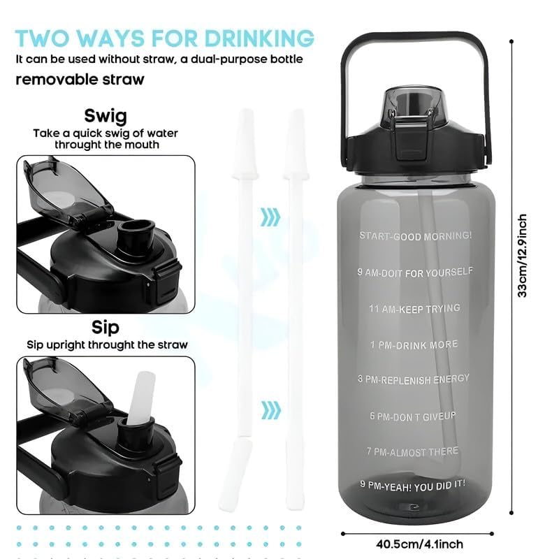 SADVIDHYA Plastic 2 L Capacity Belt Straw Transparent Motivational Water Bottles With Time Marker Leak Proof & Break-Proof, Best Usage For Office/College/Gym/Travel Bottle Bpa-Free Fitness Sports