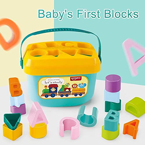 Dwellinger Baby Plastic First's Block Shapes and Sorter, 16 Blocks, ABCD Blocks with Other Shapes, Toys for 6 Months to 1-2 Years Old Kids for Boys and Girls