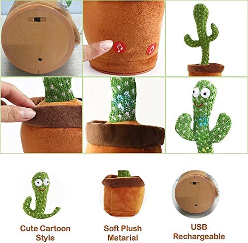 VEBETO Dancing Cactus Toy for Kids (1 Year Warranty) Talking Singing Children Baby Plush Electronic Toys Voice Recording Repeats What You Say LED Lights