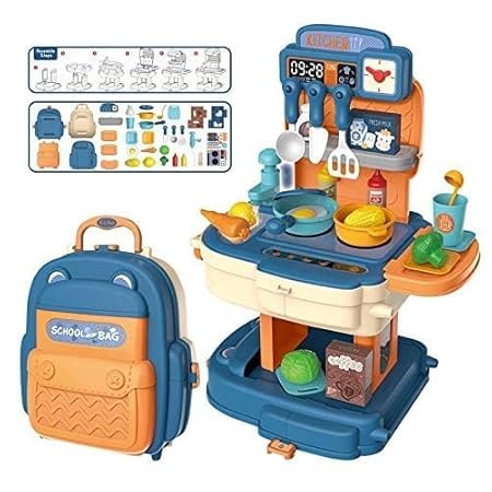 TRENDYTOYS Portable School Bag Design Kitchen Set Pretend Play Food Party Cookware Kitchen Set for 3 Year Old Kids Girls Boys