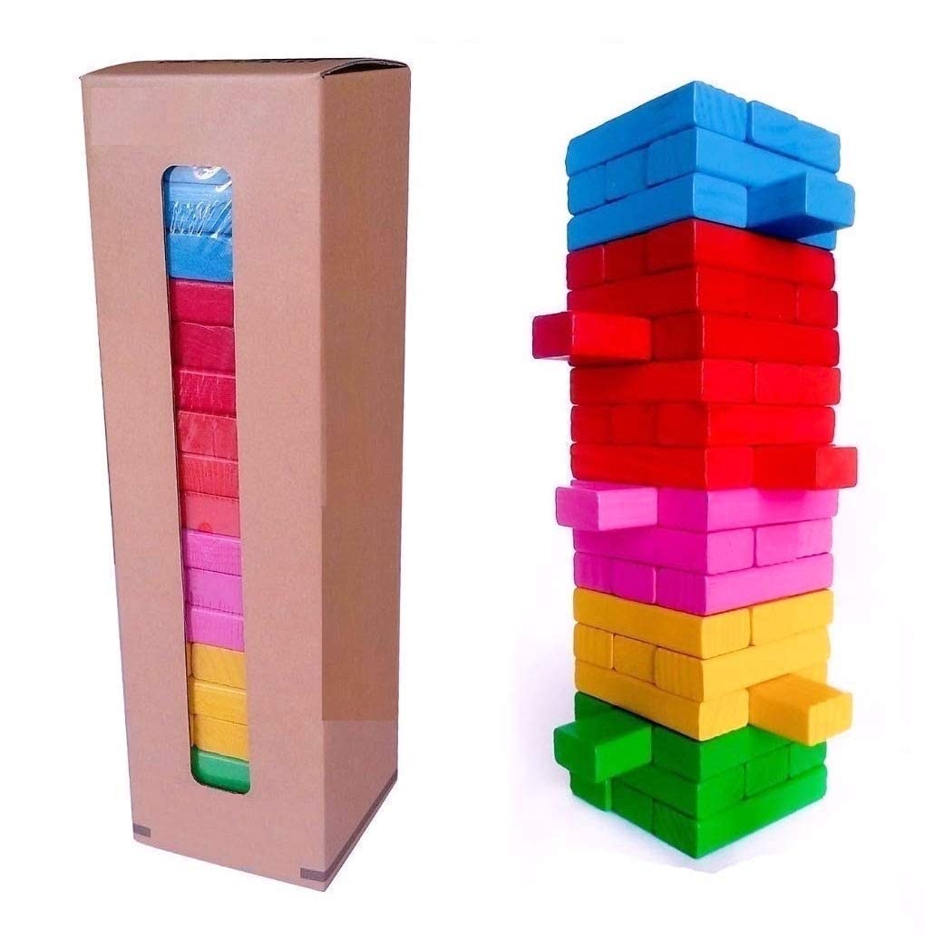 PRIME DEALS Wooden Blocks 51 Pcs 4 Dice Building Blocks Game Challenging Wooden Tumbling Tower, Wooden Stacking Toys with Dices Board Educational Puzzle Game for Adults and Kids (Wooden)