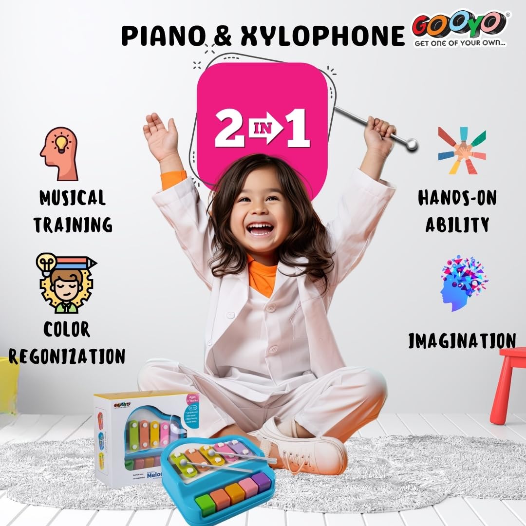 Gooyo 1503 Non Battery 2 in 1 Mini Piano and Xylophone Toy with Colorful Keys & 2 Mallets for Babies/Girls/Boys/Kids/Gifts | Blue Color (Battery Not Required)