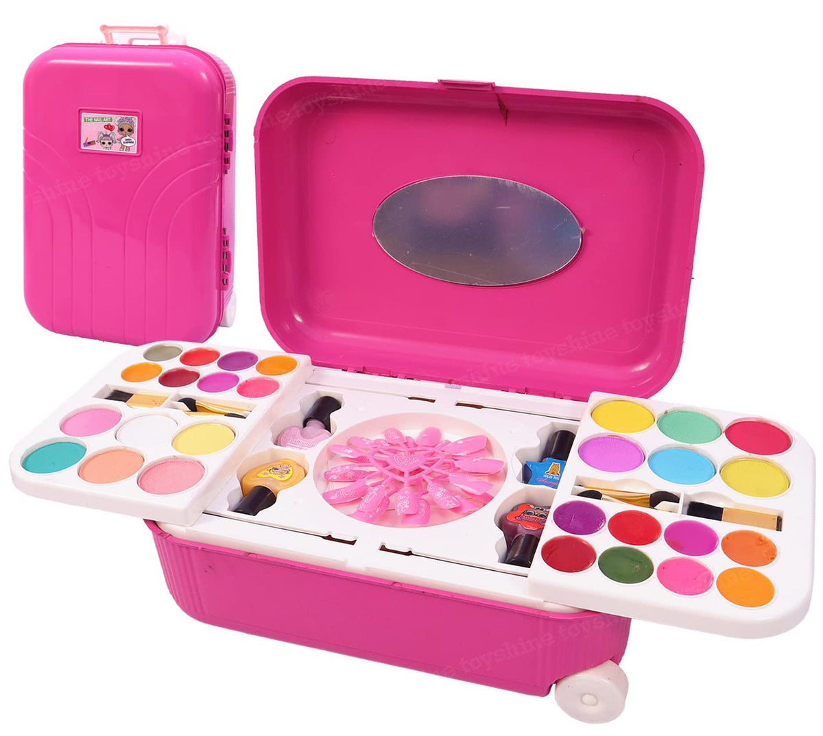 Toyshine 2 in 1 Cosmetic Makeup Palette and Nail Art Kit for Kids with Portable Trolly Bag | Pretend Play Toy for Girls -Plastic , Multicolor