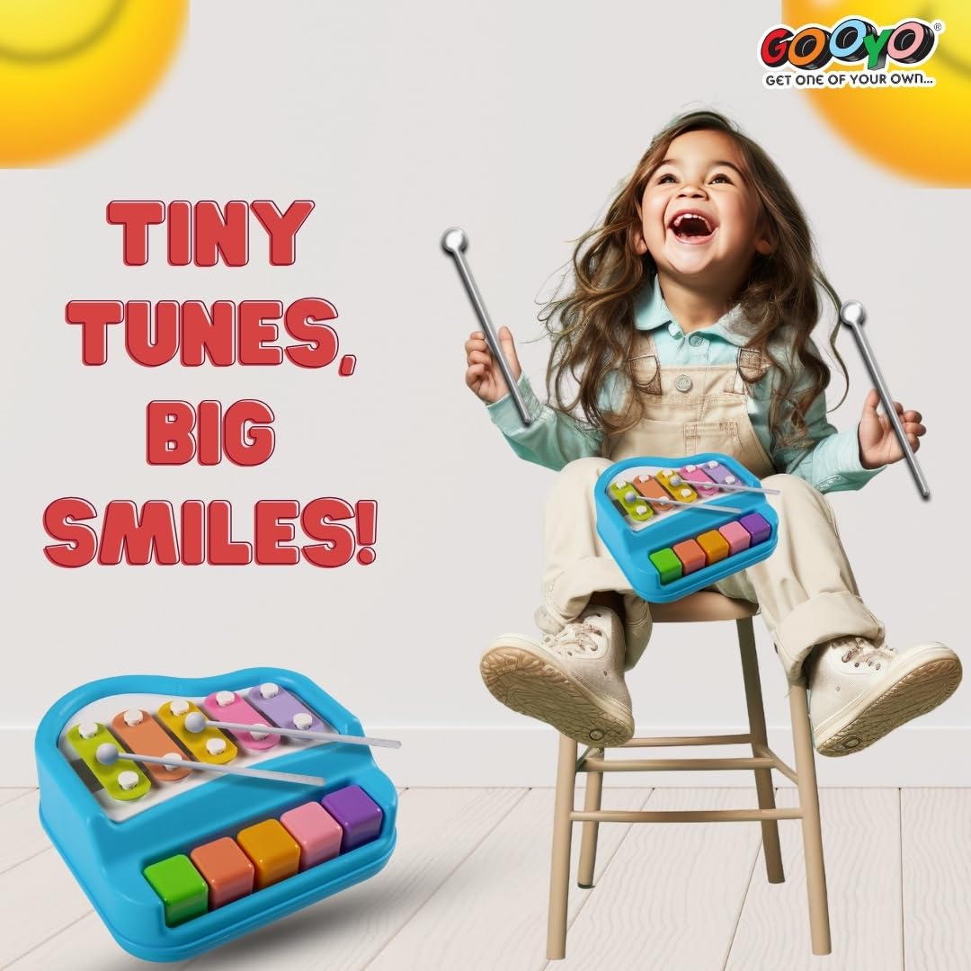 Gooyo 1503 Non Battery 2 in 1 Mini Piano and Xylophone Toy with Colorful Keys & 2 Mallets for Babies/Girls/Boys/Kids/Gifts | Blue Color (Battery Not Required)