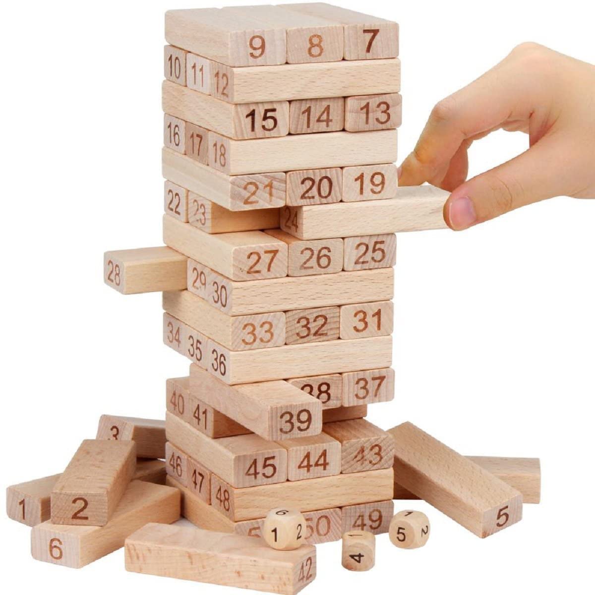 PRIME DEALS Wooden Blocks 51 Pcs 4 Dice Building Blocks Game Challenging Wooden Tumbling Tower, Wooden Stacking Toys with Dices Board Educational Puzzle Game for Adults and Kids (Wooden)