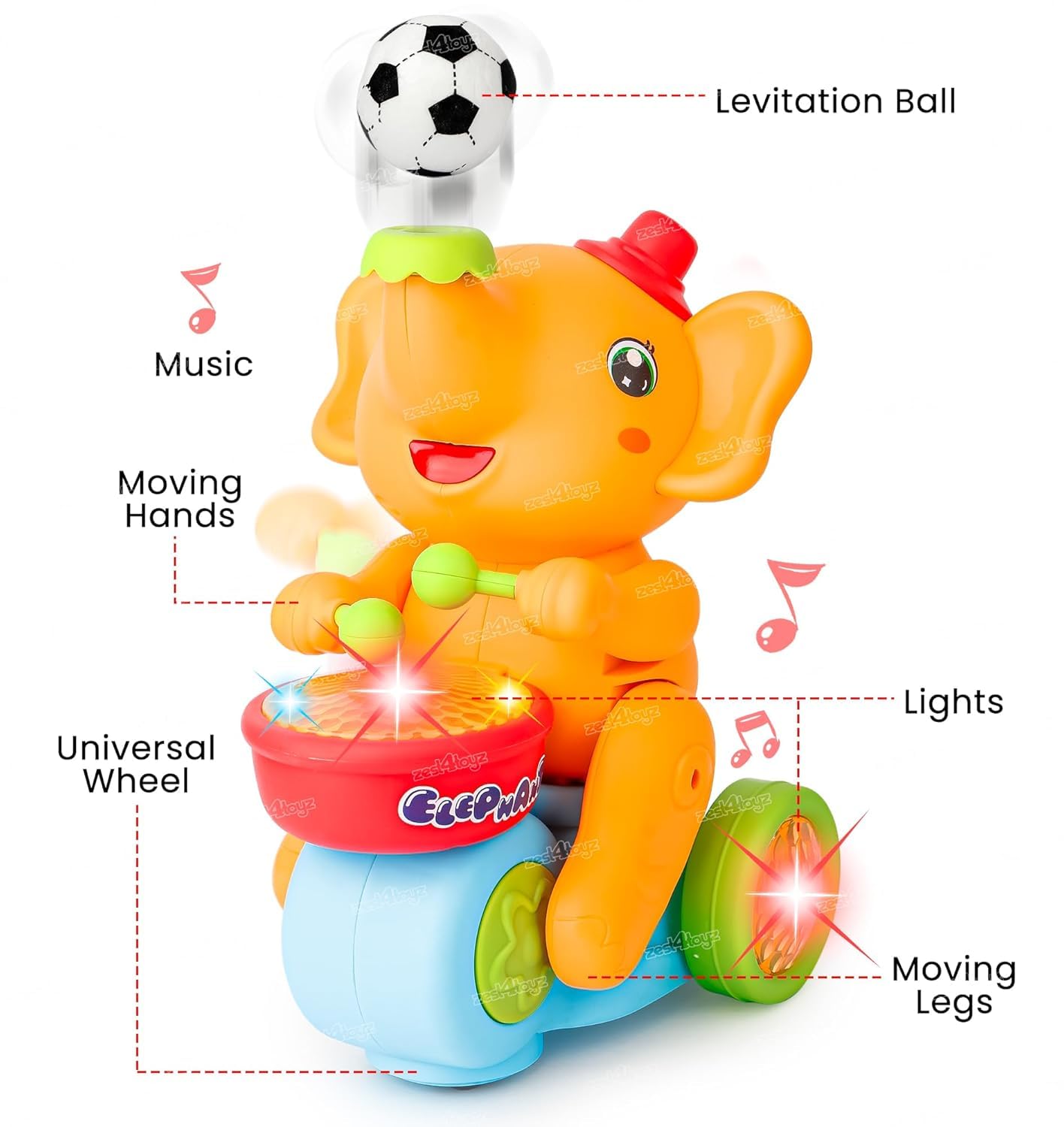 Zest 4 Toyz Musical Walking Elephant Drummer Toy with Flashing Light & Sound Toy for Kids Beating Drum Blowing Ball Toy - Yellow