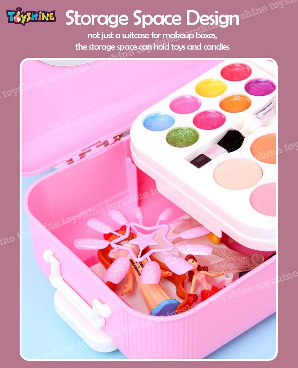 Toyshine 2 in 1 Cosmetic Makeup Palette and Nail Art Kit for Kids with Portable Trolly Bag | Pretend Play Toy for Girls -Plastic , Multicolor