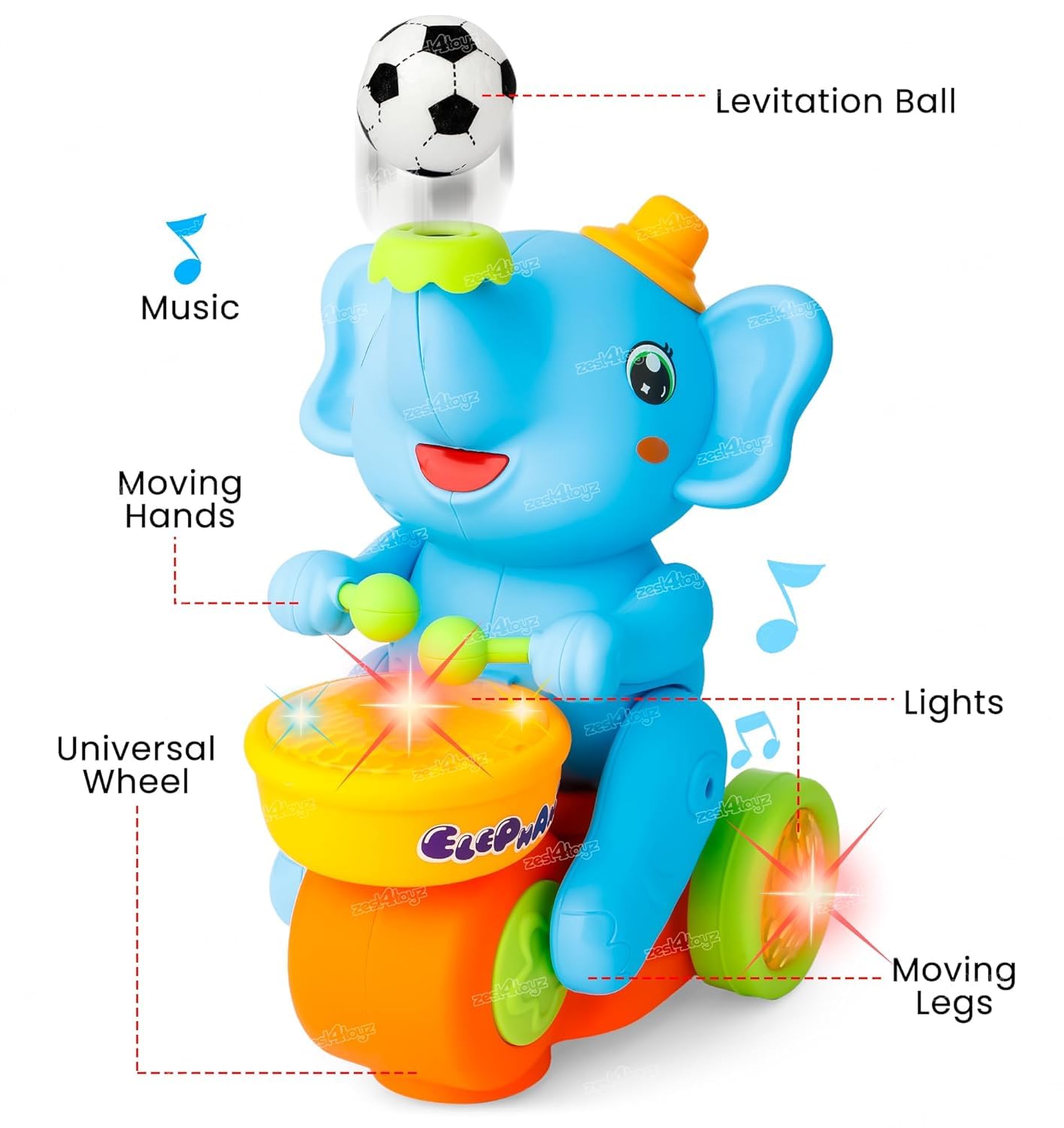 Zest 4 Toyz Musical Walking Elephant Drummer Toy with Flashing Light & Sound Toy for Kids Beating Drum Blowing Ball Toy - Yellow