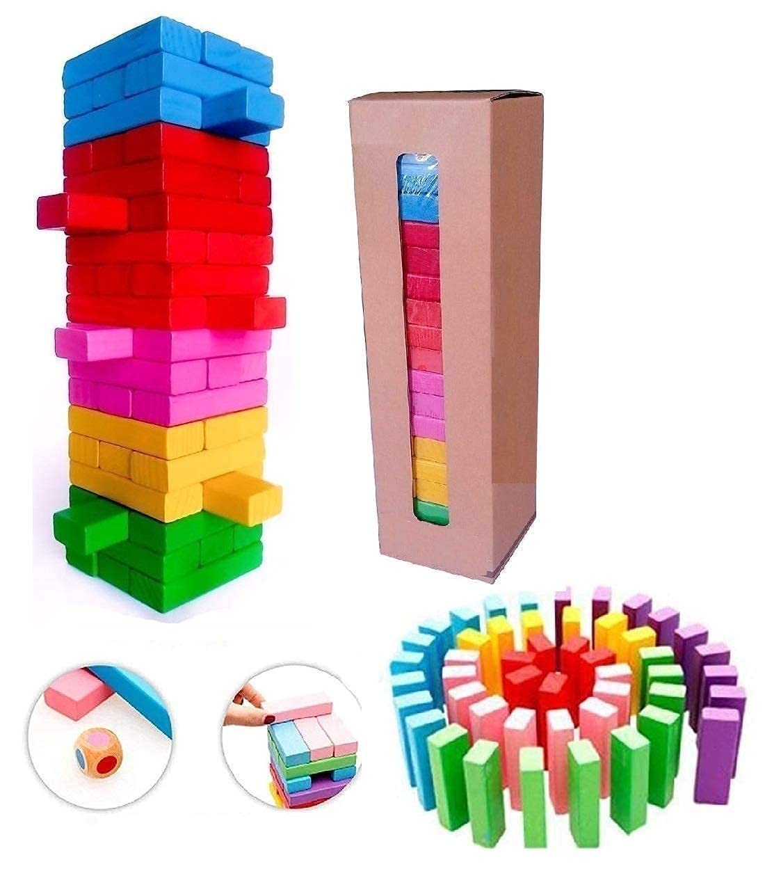 PRIME DEALS Wooden Blocks 51 Pcs 4 Dice Building Blocks Game Challenging Wooden Tumbling Tower, Wooden Stacking Toys with Dices Board Educational Puzzle Game for Adults and Kids (Wooden)