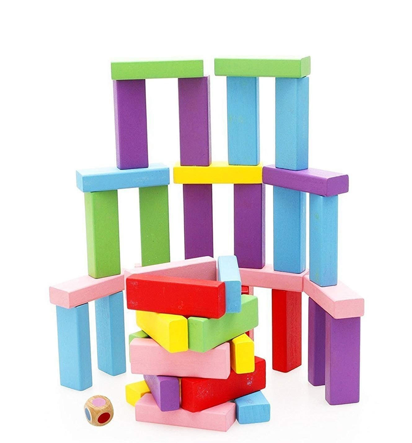 PRIME DEALS Wooden Blocks 51 Pcs 4 Dice Building Blocks Game Challenging Wooden Tumbling Tower, Wooden Stacking Toys with Dices Board Educational Puzzle Game for Adults and Kids (Wooden)