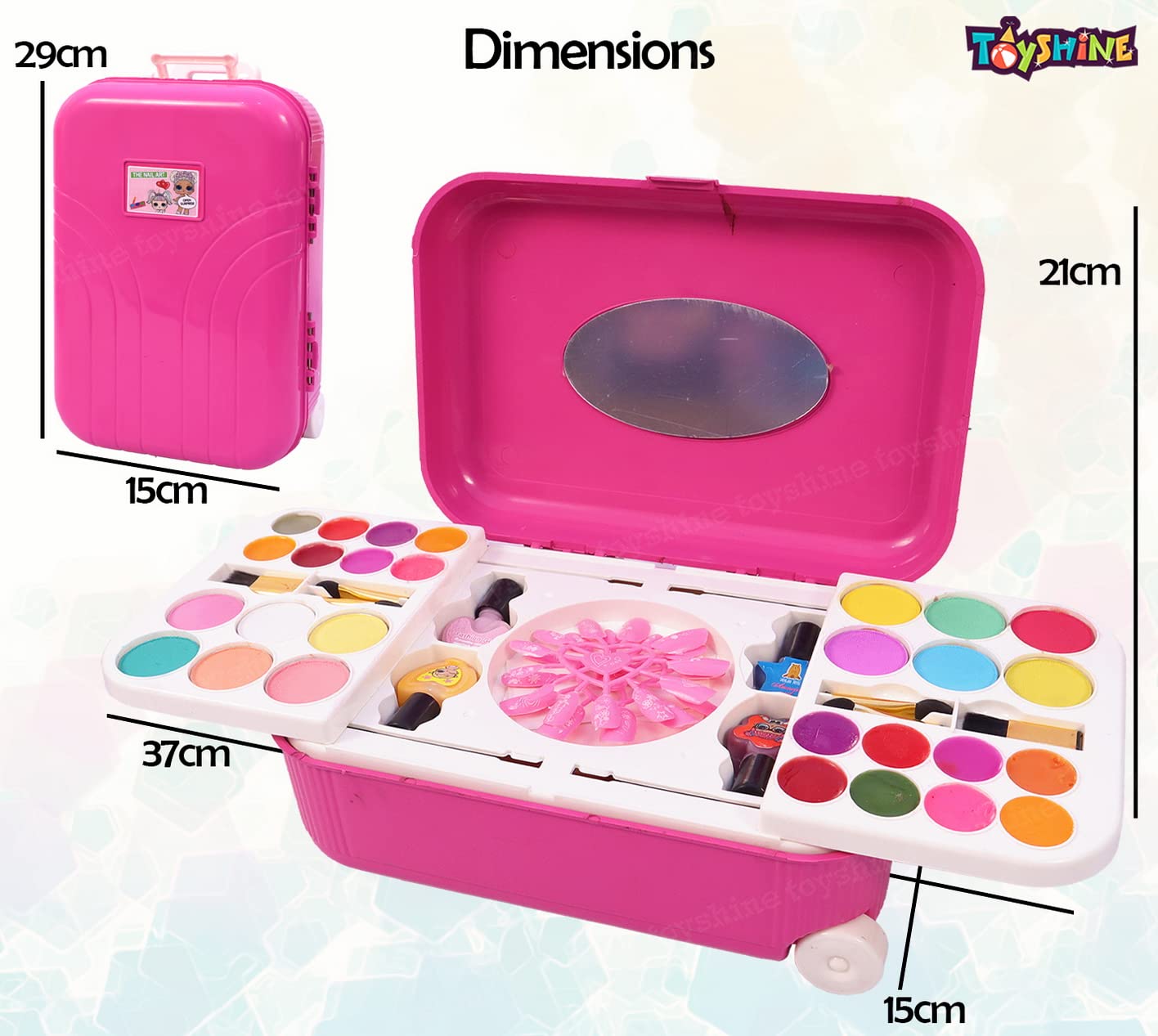 Toyshine 2 in 1 Cosmetic Makeup Palette and Nail Art Kit for Kids with Portable Trolly Bag | Pretend Play Toy for Girls -Plastic , Multicolor