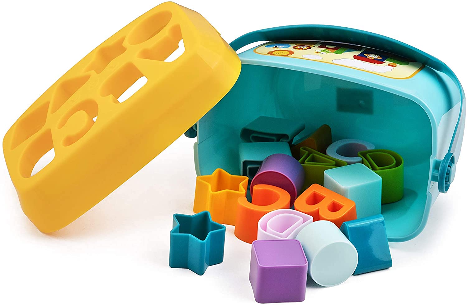 Dwellinger Baby Plastic First's Block Shapes and Sorter, 16 Blocks, ABCD Blocks with Other Shapes, Toys for 6 Months to 1-2 Years Old Kids for Boys and Girls