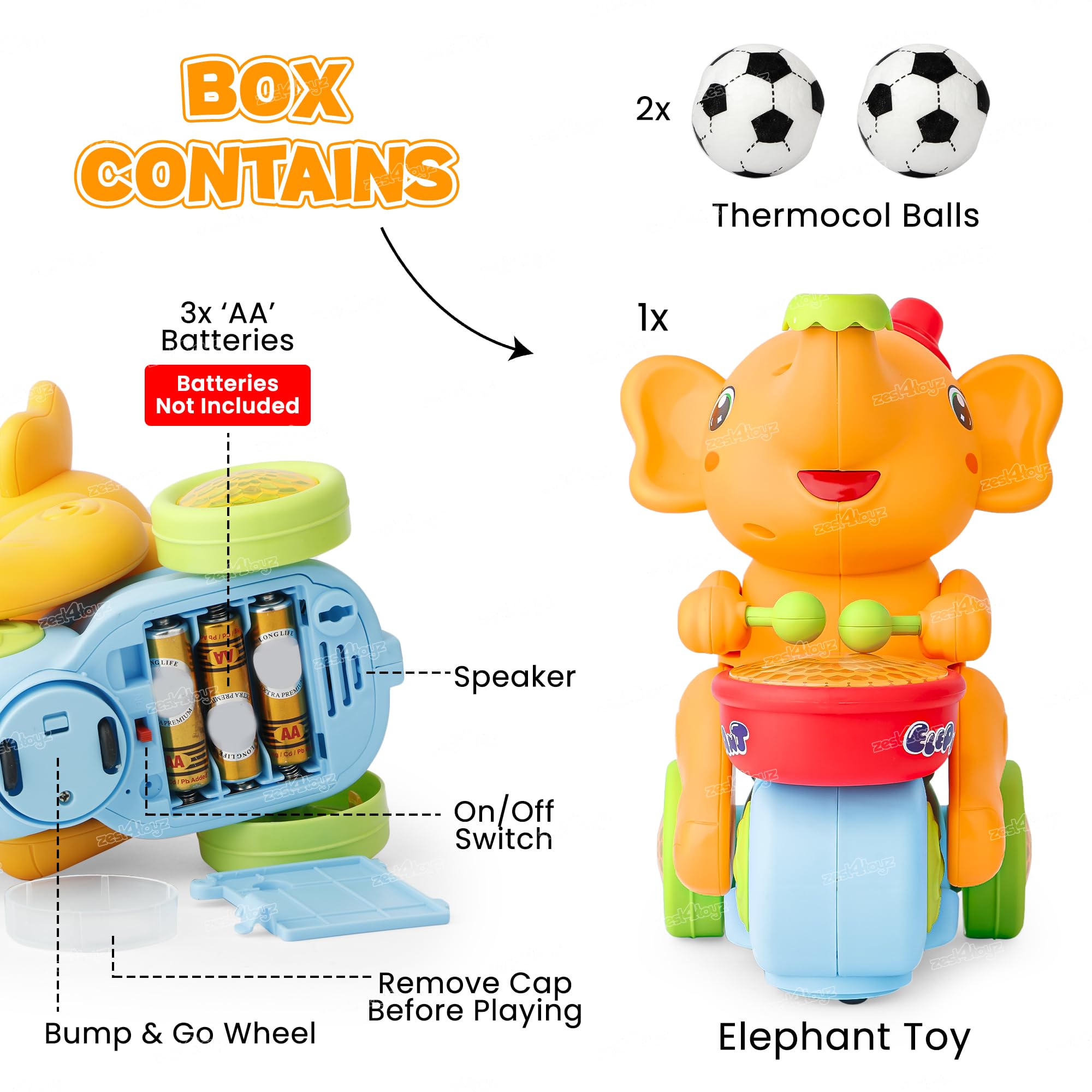 Zest 4 Toyz Musical Walking Elephant Drummer Toy with Flashing Light & Sound Toy for Kids Beating Drum Blowing Ball Toy - Yellow