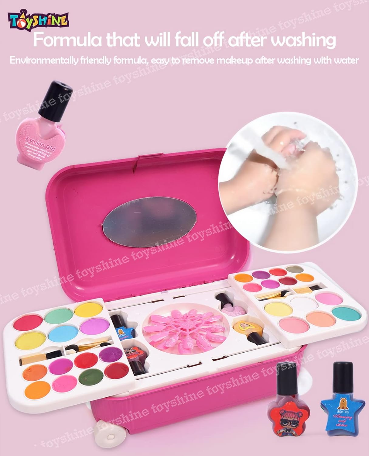 Toyshine 2 in 1 Cosmetic Makeup Palette and Nail Art Kit for Kids with Portable Trolly Bag | Pretend Play Toy for Girls -Plastic , Multicolor