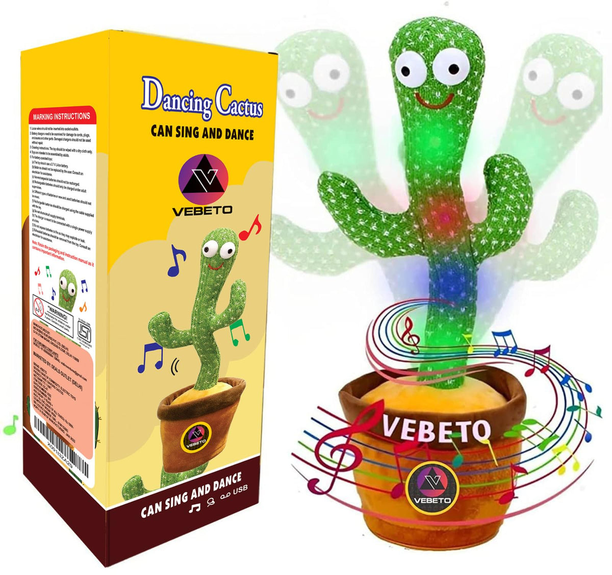 VEBETO Dancing Cactus Toy for Kids (1 Year Warranty) Talking Singing Children Baby Plush Electronic Toys Voice Recording Repeats What You Say LED Lights