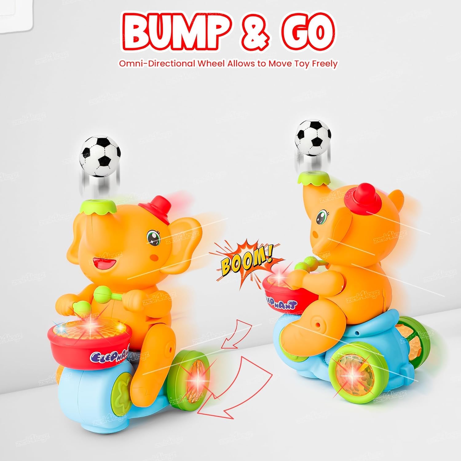 Zest 4 Toyz Musical Walking Elephant Drummer Toy with Flashing Light & Sound Toy for Kids Beating Drum Blowing Ball Toy - Yellow