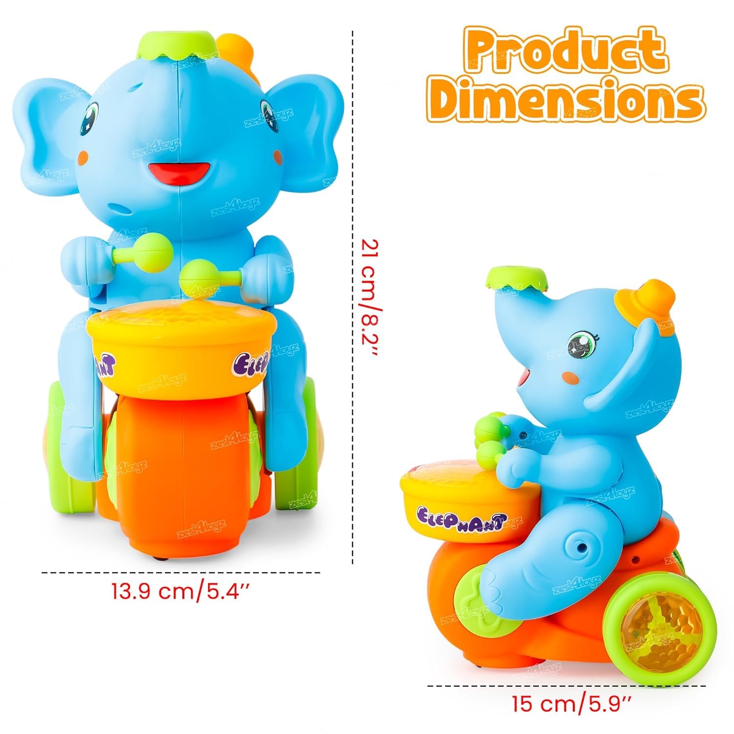 Zest 4 Toyz Musical Walking Elephant Drummer Toy with Flashing Light & Sound Toy for Kids Beating Drum Blowing Ball Toy - Yellow