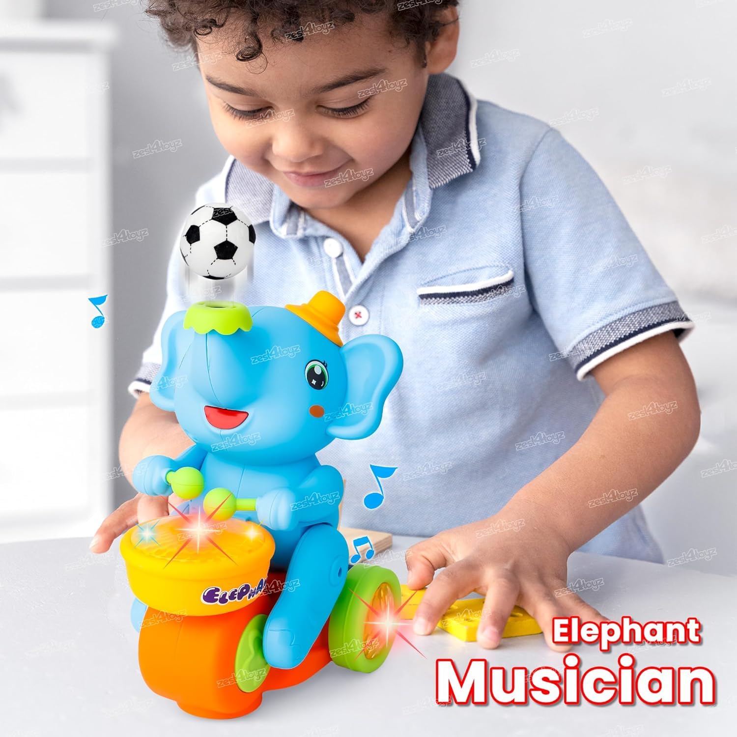 Zest 4 Toyz Musical Walking Elephant Drummer Toy with Flashing Light & Sound Toy for Kids Beating Drum Blowing Ball Toy - Yellow