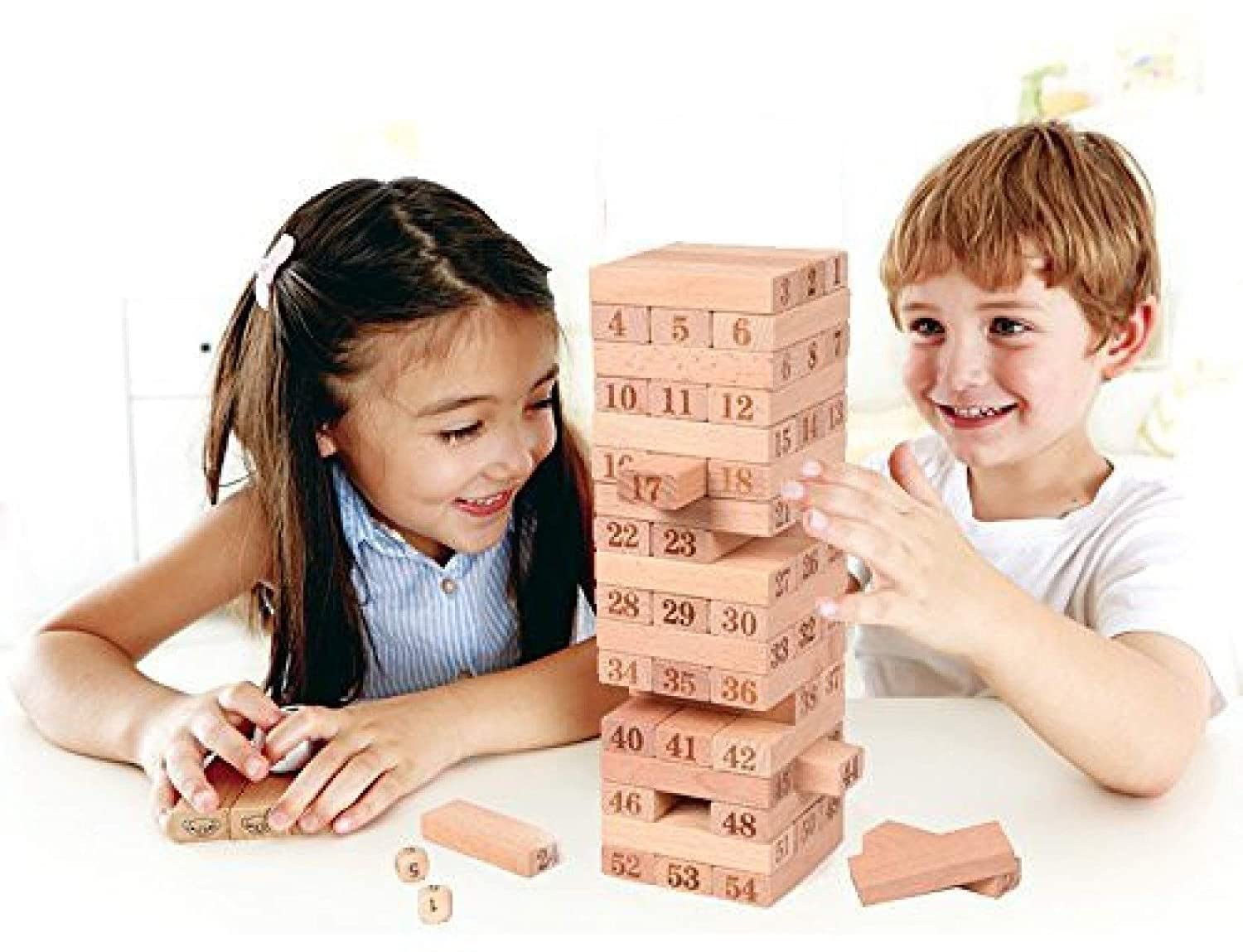 PRIME DEALS Wooden Blocks 51 Pcs 4 Dice Building Blocks Game Challenging Wooden Tumbling Tower, Wooden Stacking Toys with Dices Board Educational Puzzle Game for Adults and Kids (Wooden)