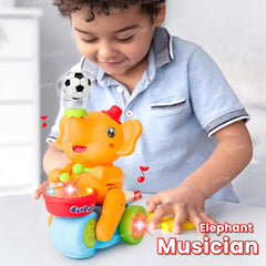 Zest 4 Toyz Musical Walking Elephant Drummer Toy with Flashing Light & Sound Toy for Kids Beating Drum Blowing Ball Toy - Yellow