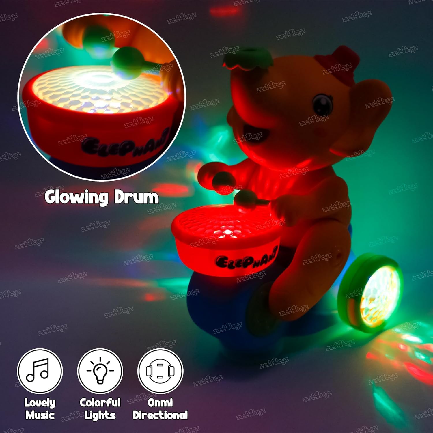 Zest 4 Toyz Musical Walking Elephant Drummer Toy with Flashing Light & Sound Toy for Kids Beating Drum Blowing Ball Toy - Yellow