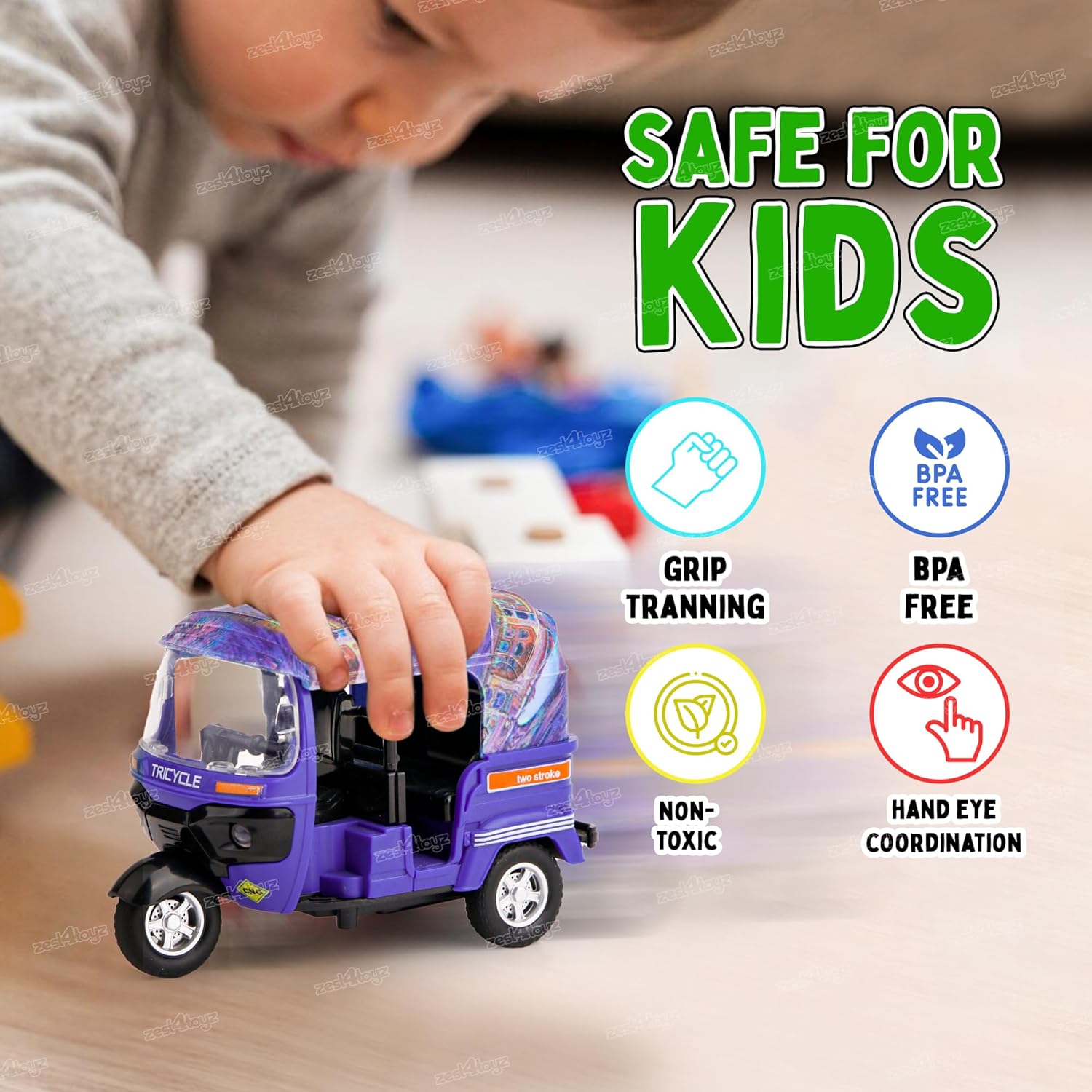 Zest 4 Toyz Auto Rickshaw Toy for Kids with Pull Back Action |Tricycle Vehicle Toys Movable Handle for Girls and Boys- Purple