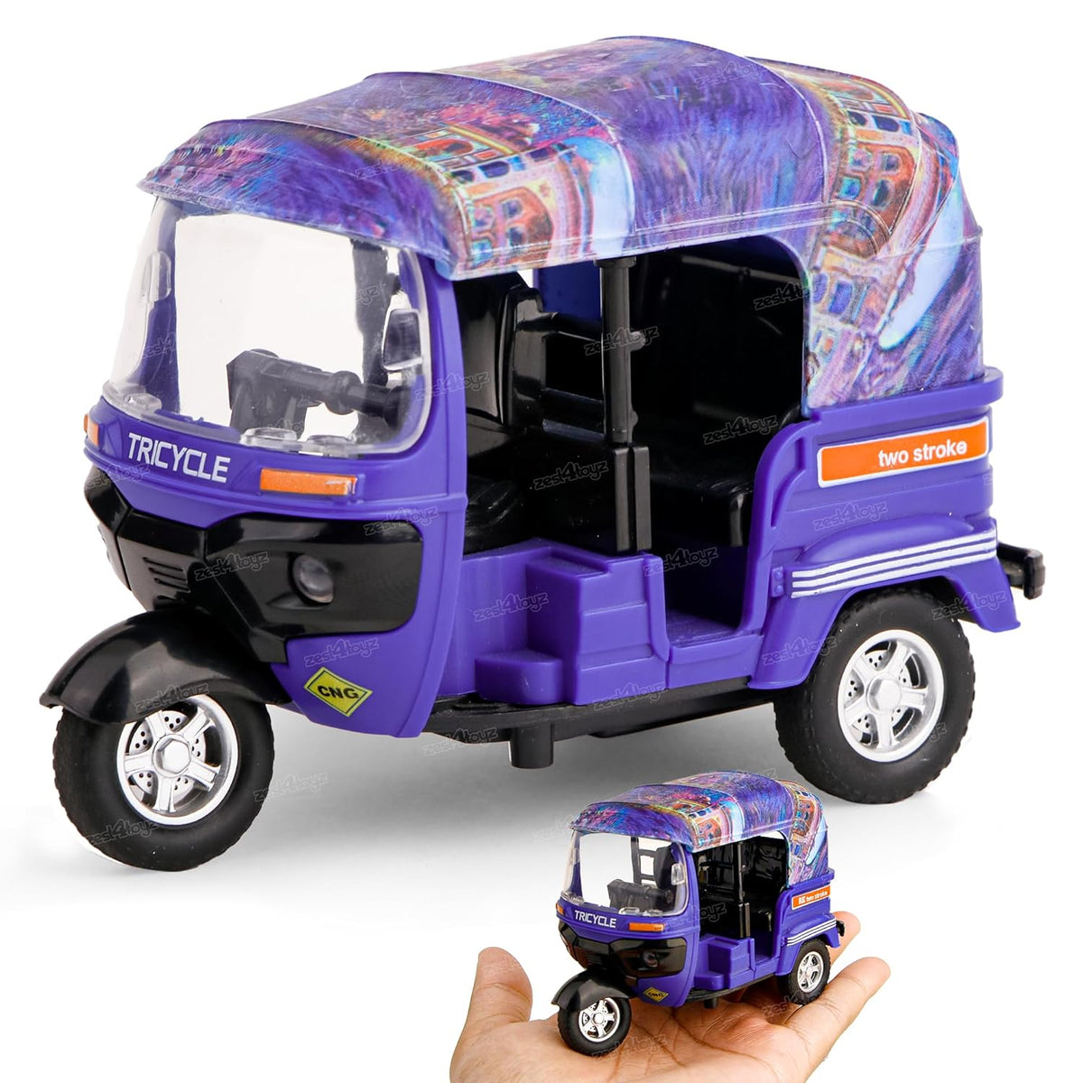 Zest 4 Toyz Auto Rickshaw Toy for Kids with Pull Back Action |Tricycle Vehicle Toys Movable Handle for Girls and Boys- Purple